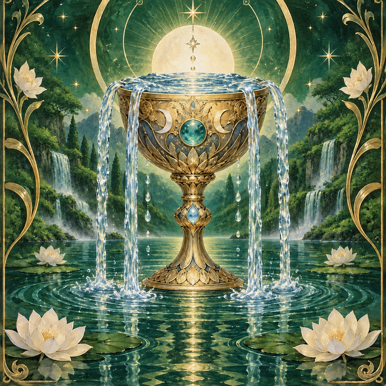 An ornate golden cup pours streams of water into a tranquil lake, surrounded by a green forest and white lotus flowers