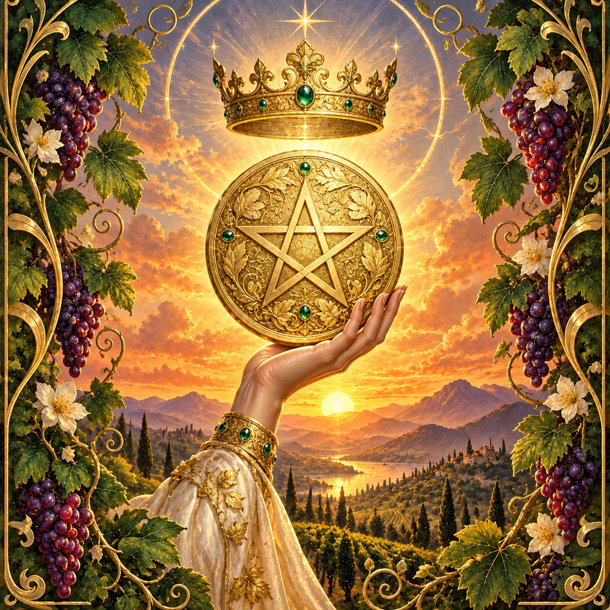 A hand raises a gold pentagram-engraved coin beneath a golden crown, against a sunset over vineyards and hills