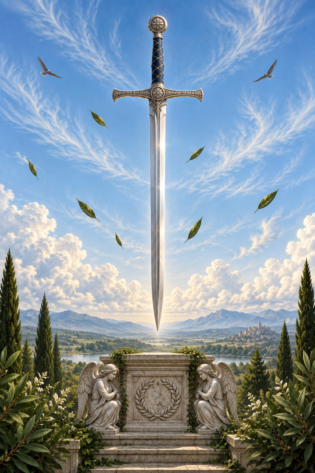 A polished sword stands on a stone monument between two kneeling angels, against a pale blue sky with leaves carried by the wind