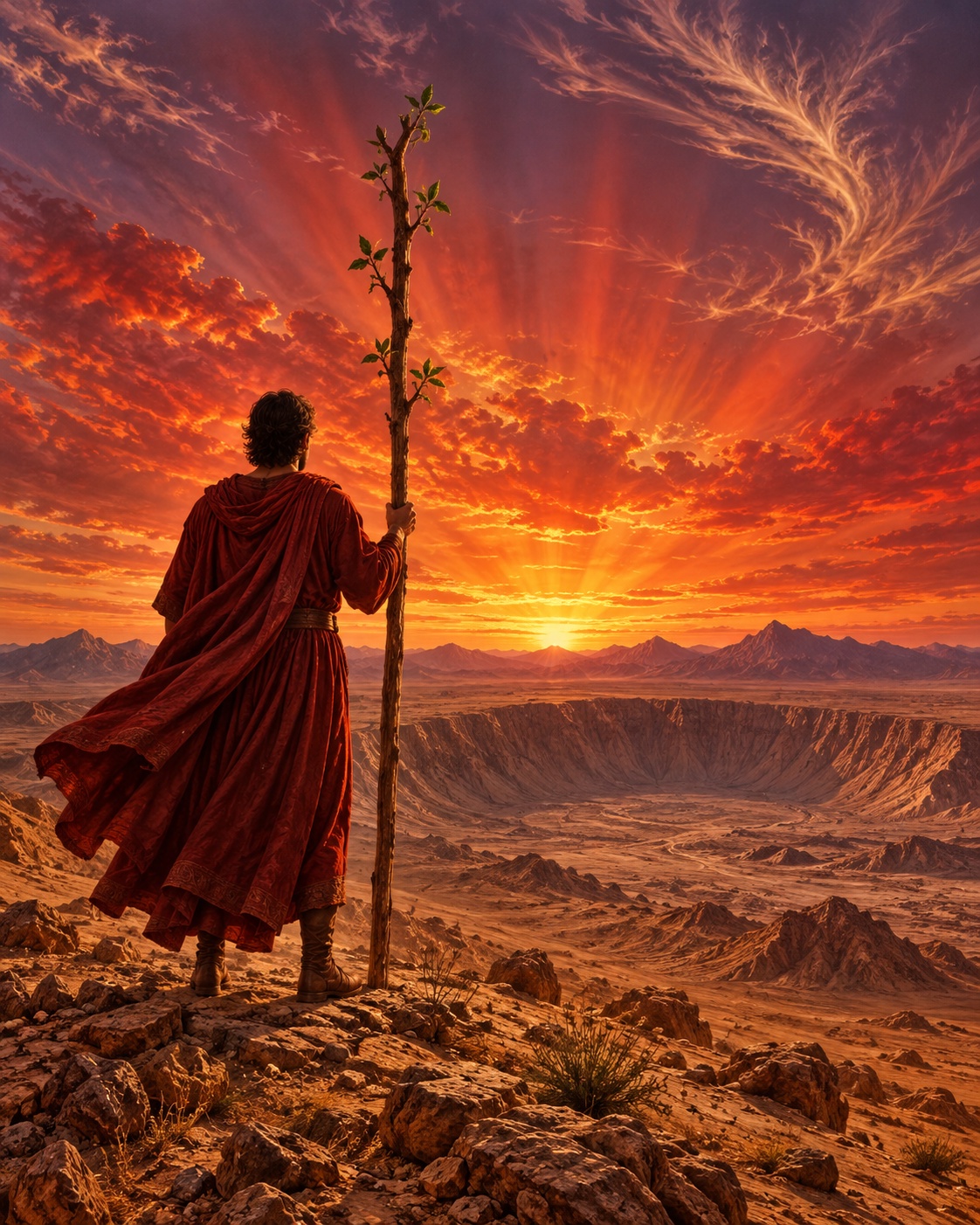 A red-robed figure stands on a rocky ridge holding a budding wand, facing a fiery sunset over a desert plain