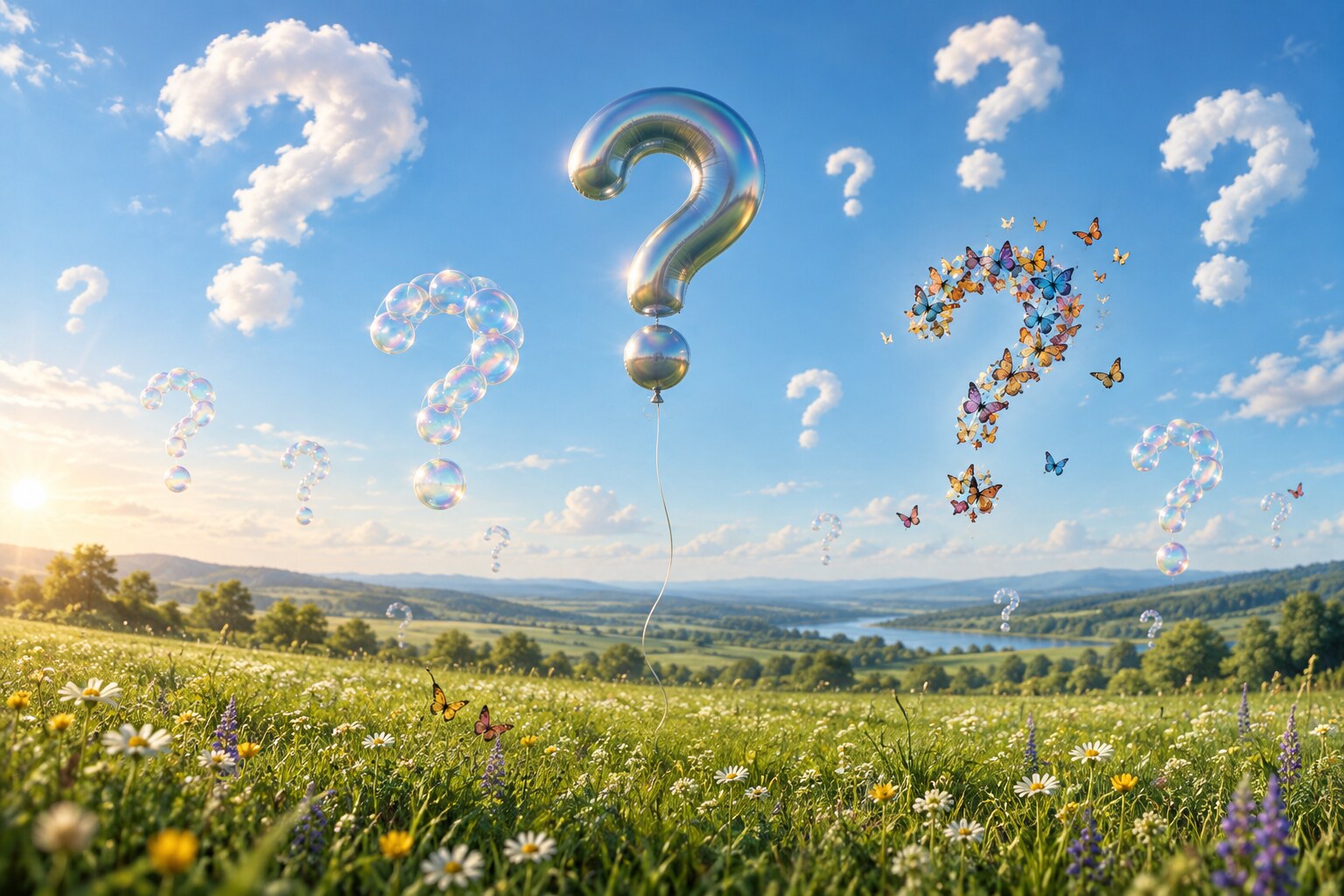 A green flower field beneath a bright blue sky, with question marks formed by clouds, soap bubbles, butterflies and a rising balloon